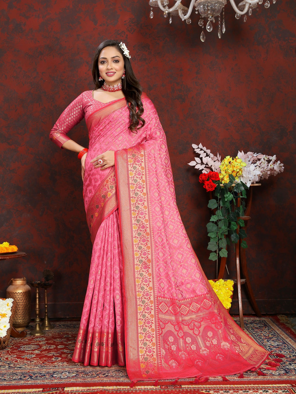 Vedant Vastram Baby Pink Color Kanjeevaram Organza Silk Saree - Baby Pink | Grocsy
