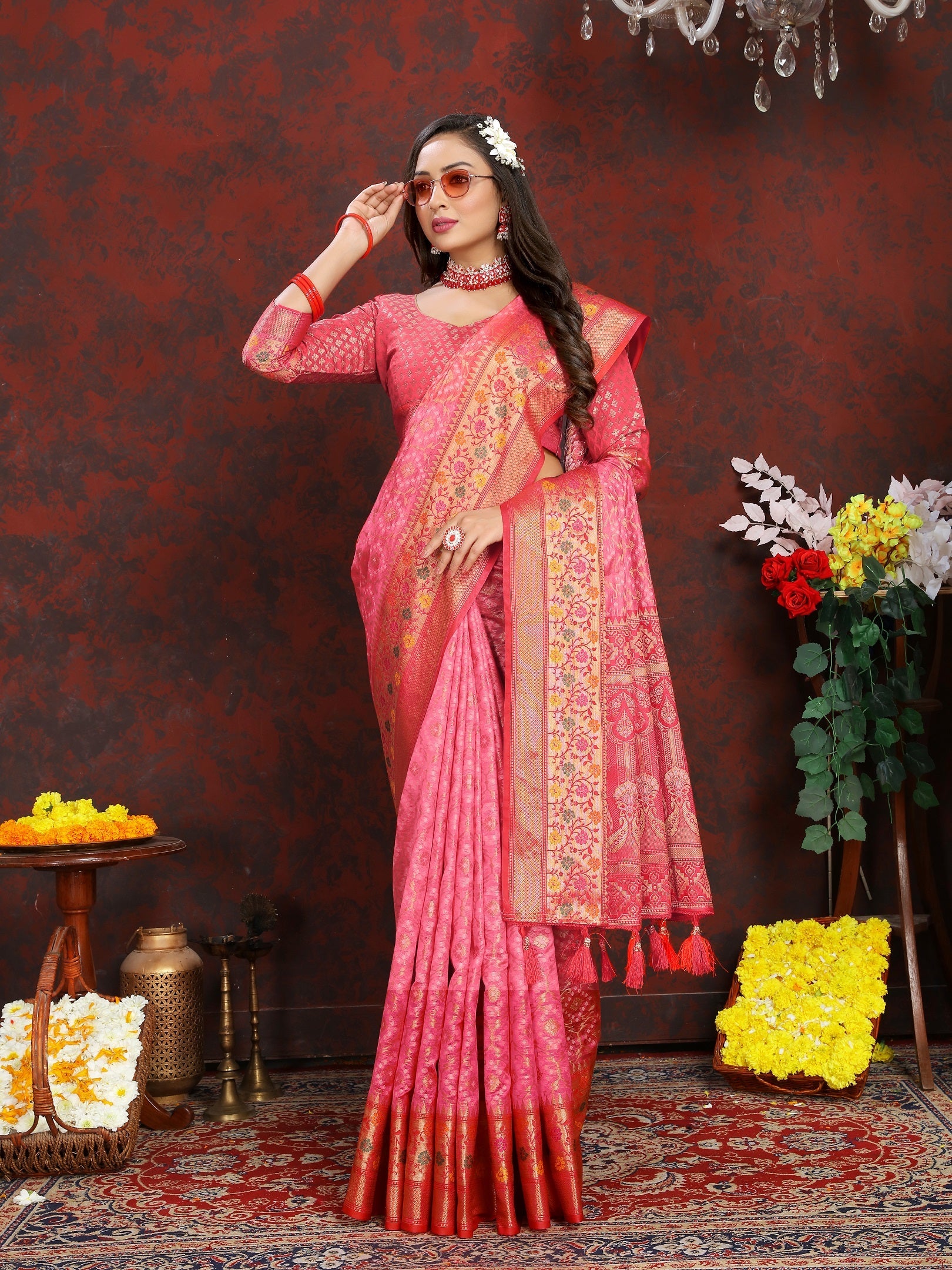 Vedant Vastram Baby Pink Color Kanjeevaram Organza Silk Saree - Baby Pink | Grocsy