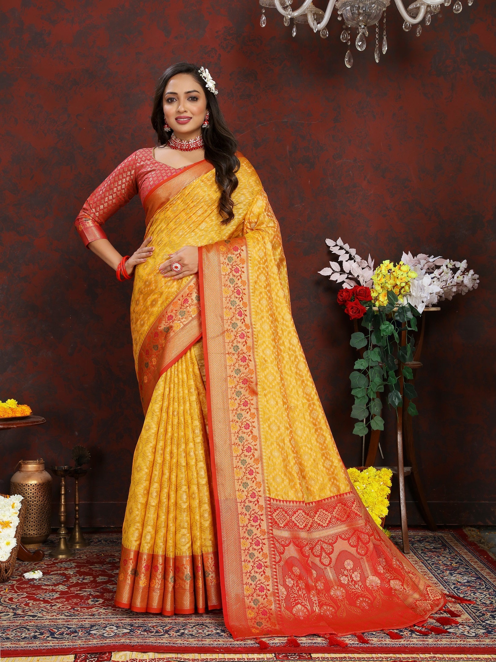 Vedant Vastram Mustard Color Kanjeevaram Organza Silk Saree - Mustard | Grocsy