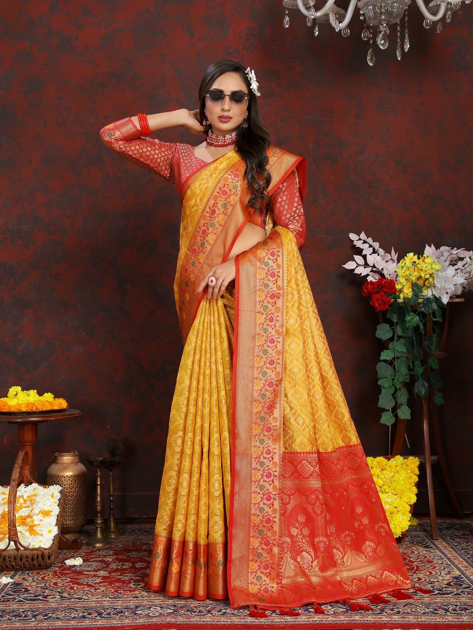 Vedant Vastram Mustard Color Kanjeevaram Organza Silk Saree - Mustard | Grocsy