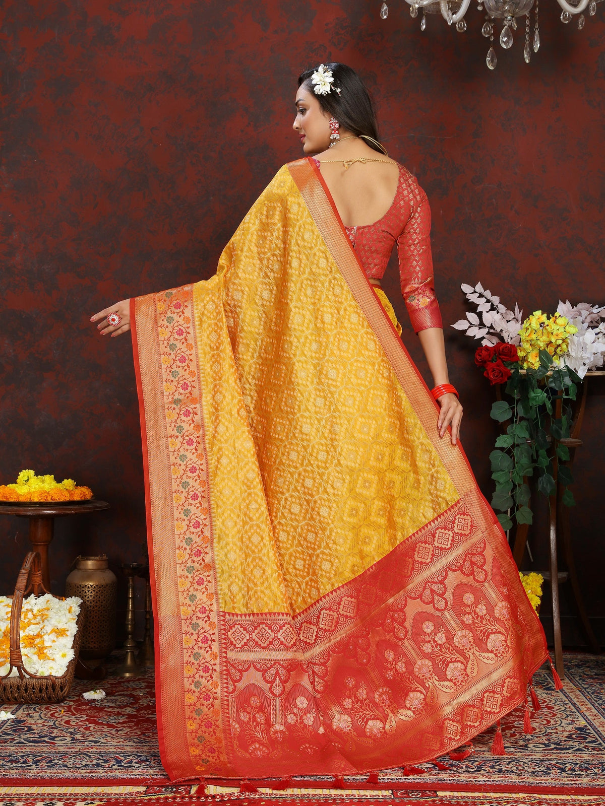 Vedant Vastram Mustard Color Kanjeevaram Organza Silk Saree - Mustard | Grocsy