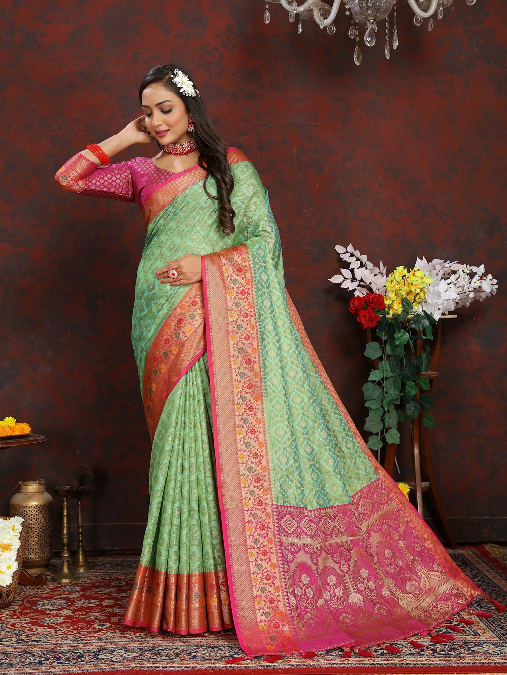 Vedant Vastram Parrot Color Kanjeevaram Organza Silk Saree - Parrot | Grocsy