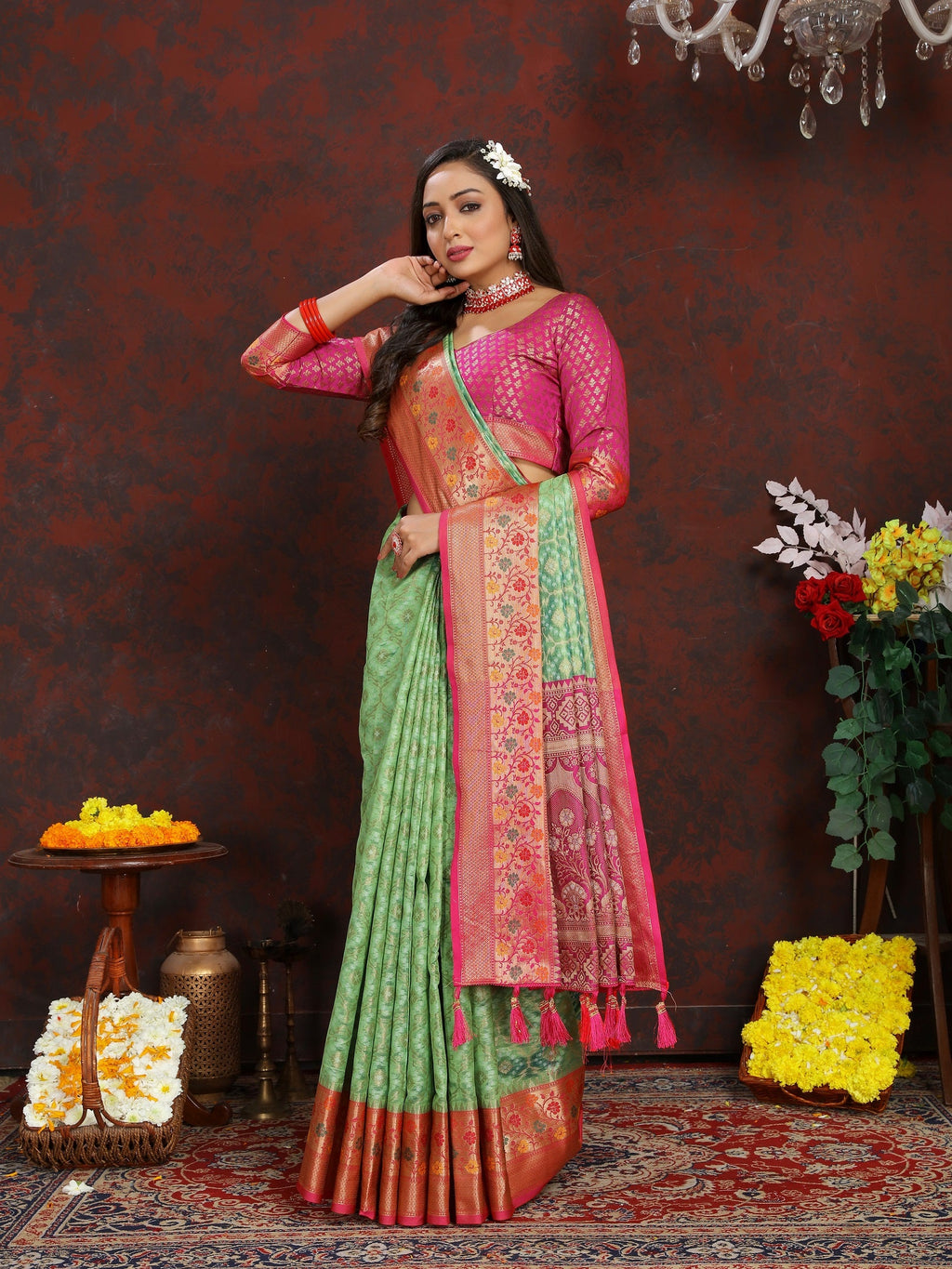 Vedant Vastram Parrot Color Kanjeevaram Organza Silk Saree - Parrot | Grocsy