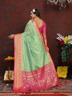 Vedant Vastram Parrot Color Kanjeevaram Organza Silk Saree - Parrot | Grocsy