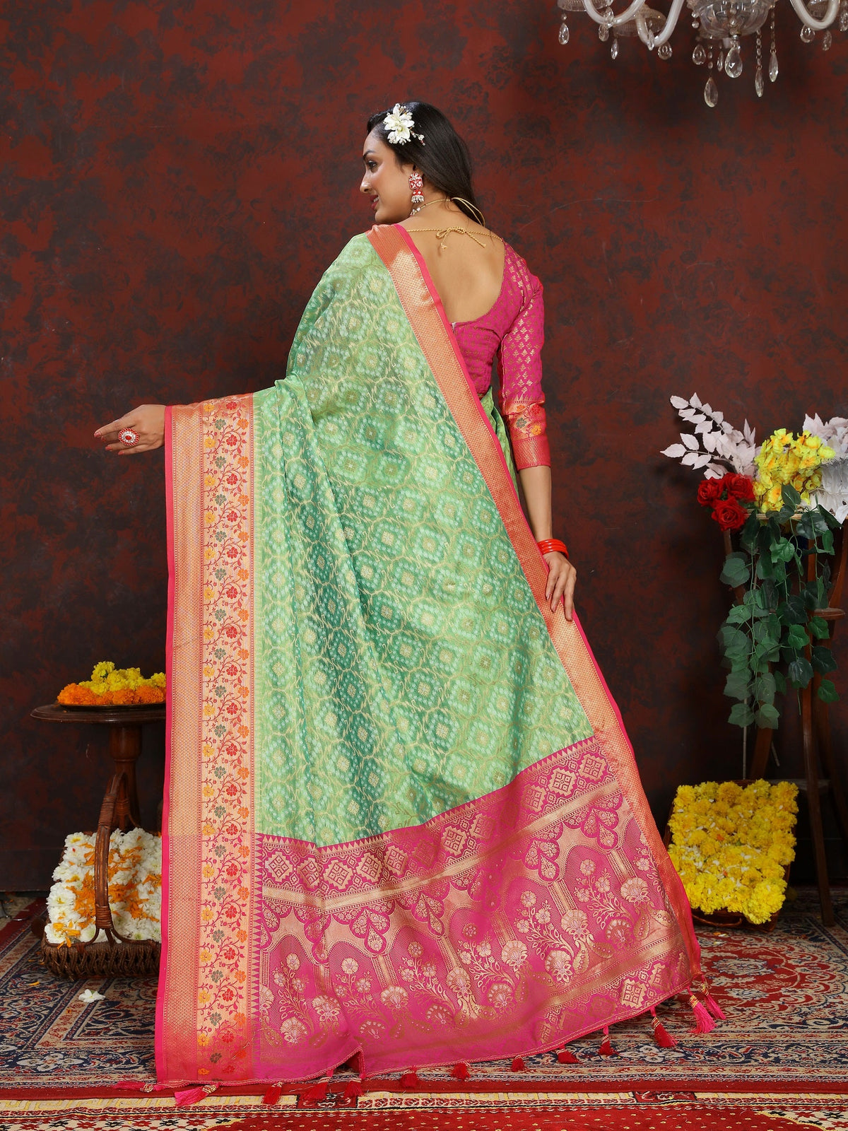 Vedant Vastram Parrot Color Kanjeevaram Organza Silk Saree - Parrot | Grocsy