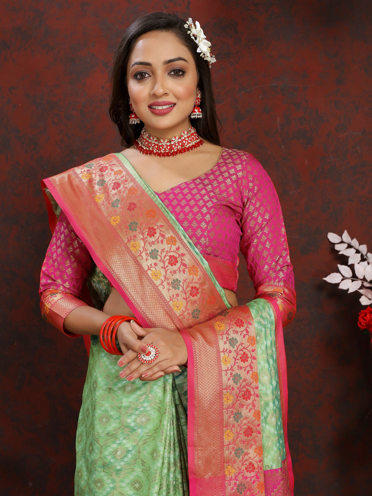 Vedant Vastram Parrot Color Kanjeevaram Organza Silk Saree - Parrot | Grocsy