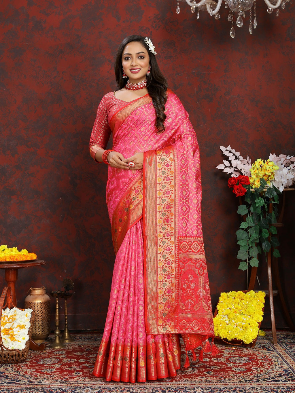 Vedant Vastram Pink Color Kanjeevaram Organza Silk Saree - Pink | Grocsy