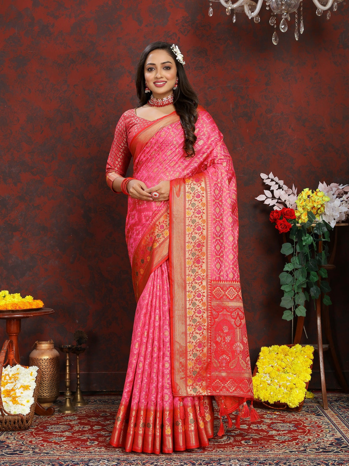 Vedant Vastram Pink Color Kanjeevaram Organza Silk Saree - Pink | Grocsy