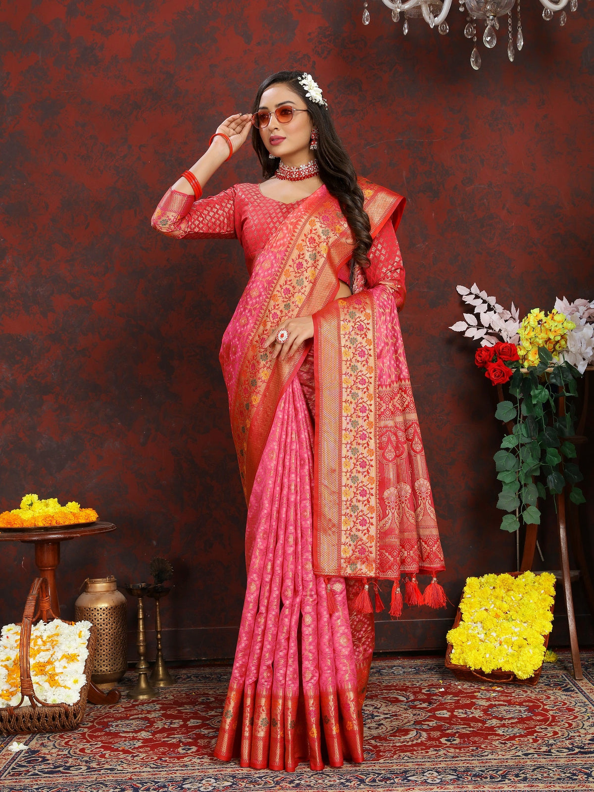 Vedant Vastram Pink Color Kanjeevaram Organza Silk Saree - Pink | Grocsy