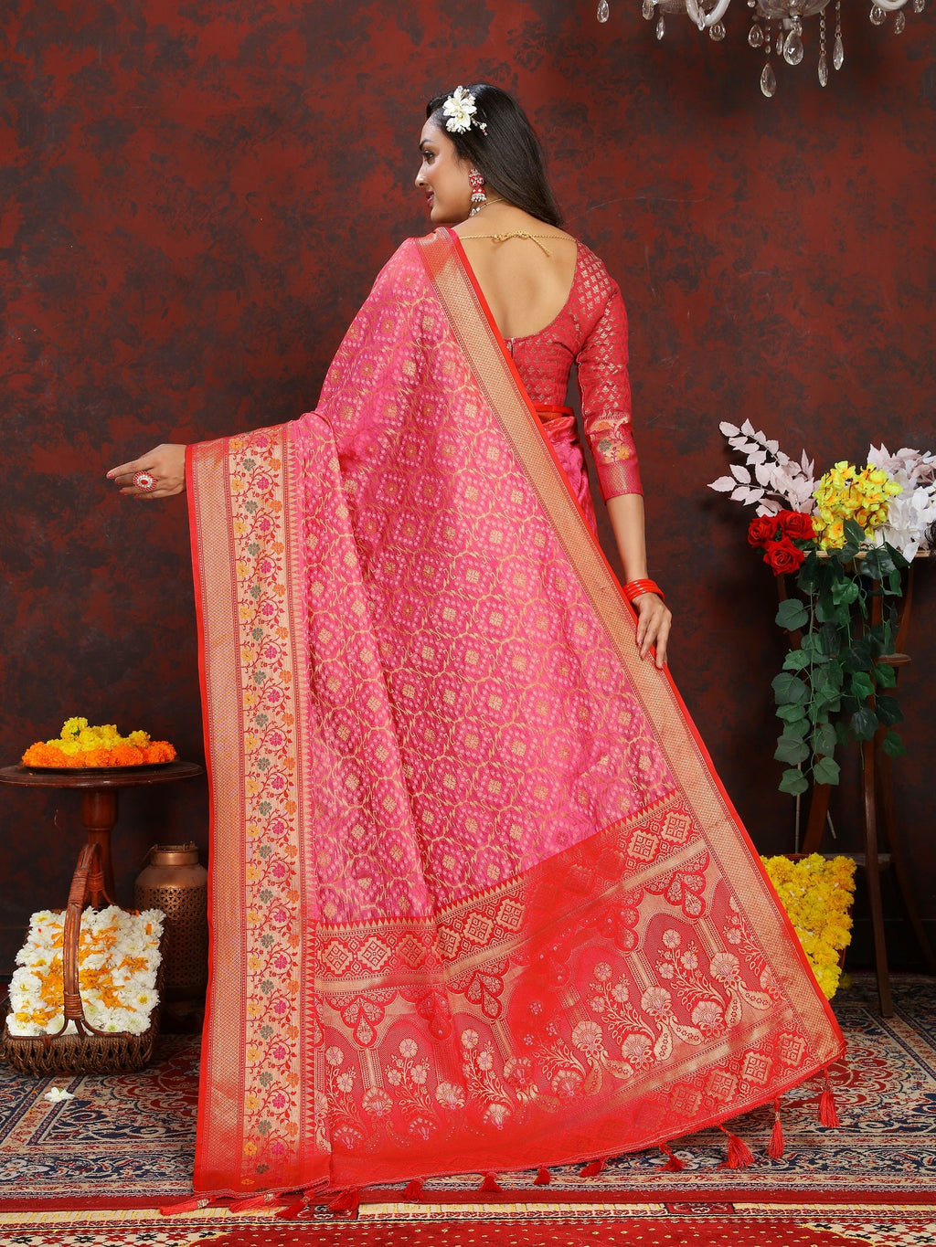 Vedant Vastram Pink Color Kanjeevaram Organza Silk Saree - Pink | Grocsy