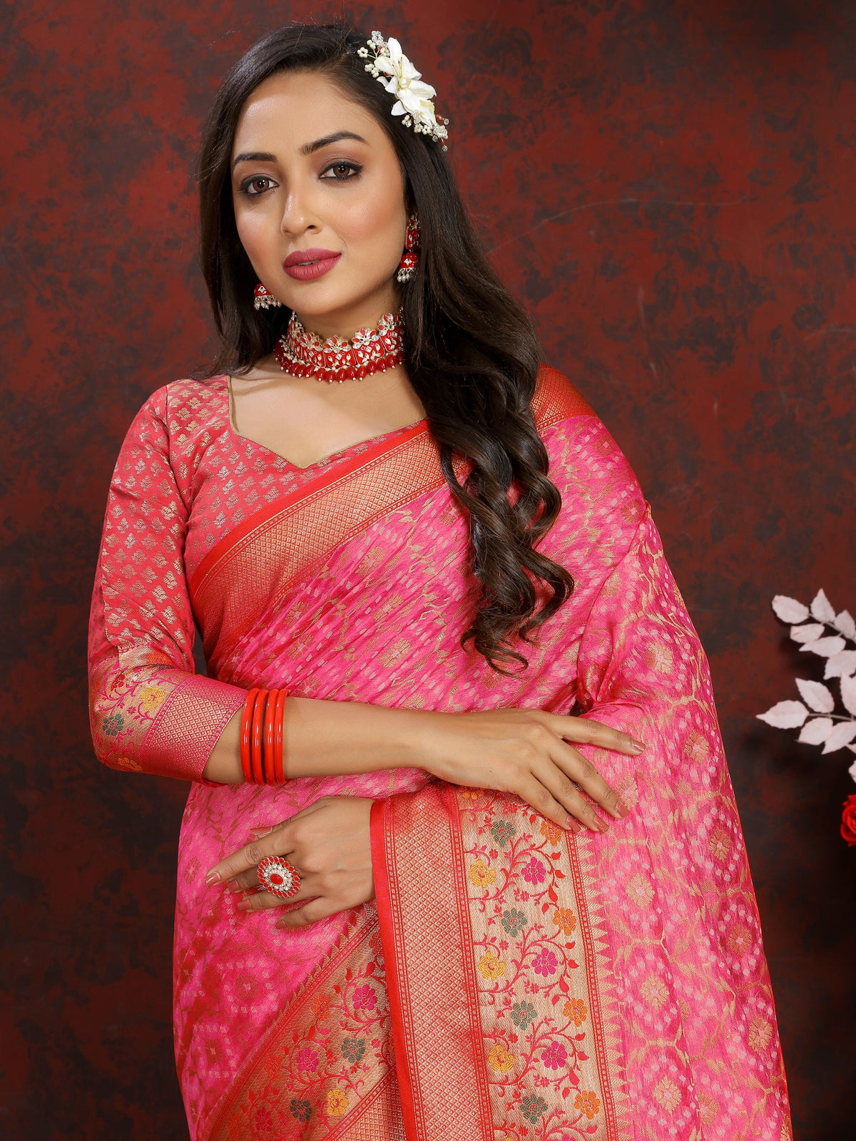 Vedant Vastram Pink Color Kanjeevaram Organza Silk Saree - Pink | Grocsy