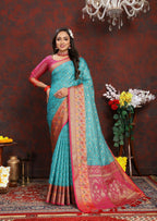 Vedant Vastram Rama Color Kanjeevaram Organza Silk Saree - Rama | Grocsy