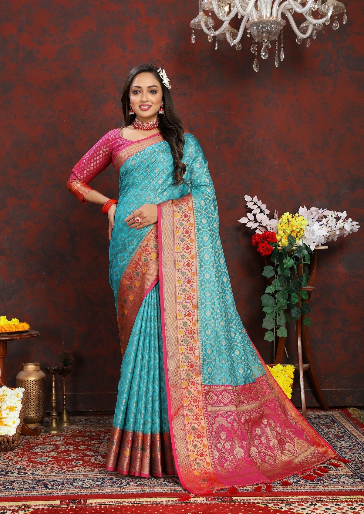 Vedant Vastram Rama Color Kanjeevaram Organza Silk Saree - Rama | Grocsy