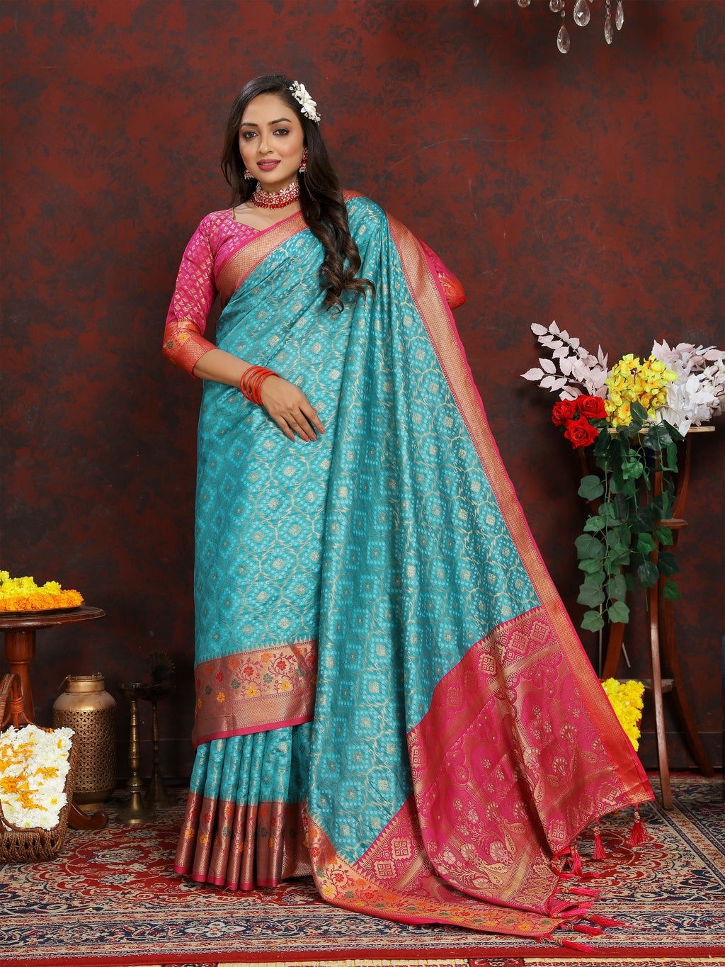 Vedant Vastram Rama Color Kanjeevaram Organza Silk Saree - Rama | Grocsy