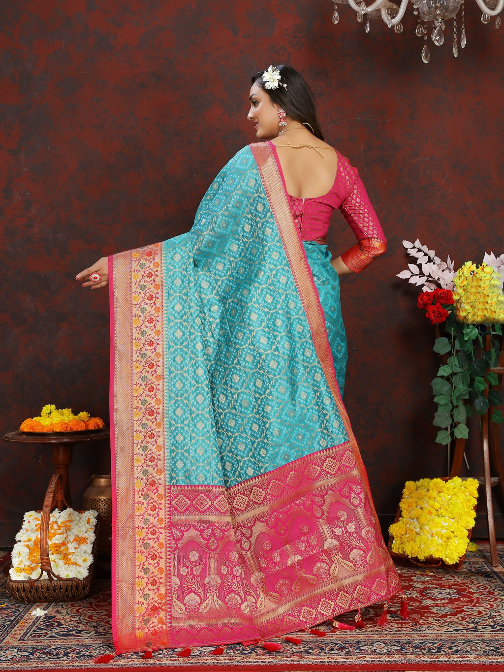 Vedant Vastram Rama Color Kanjeevaram Organza Silk Saree - Rama | Grocsy