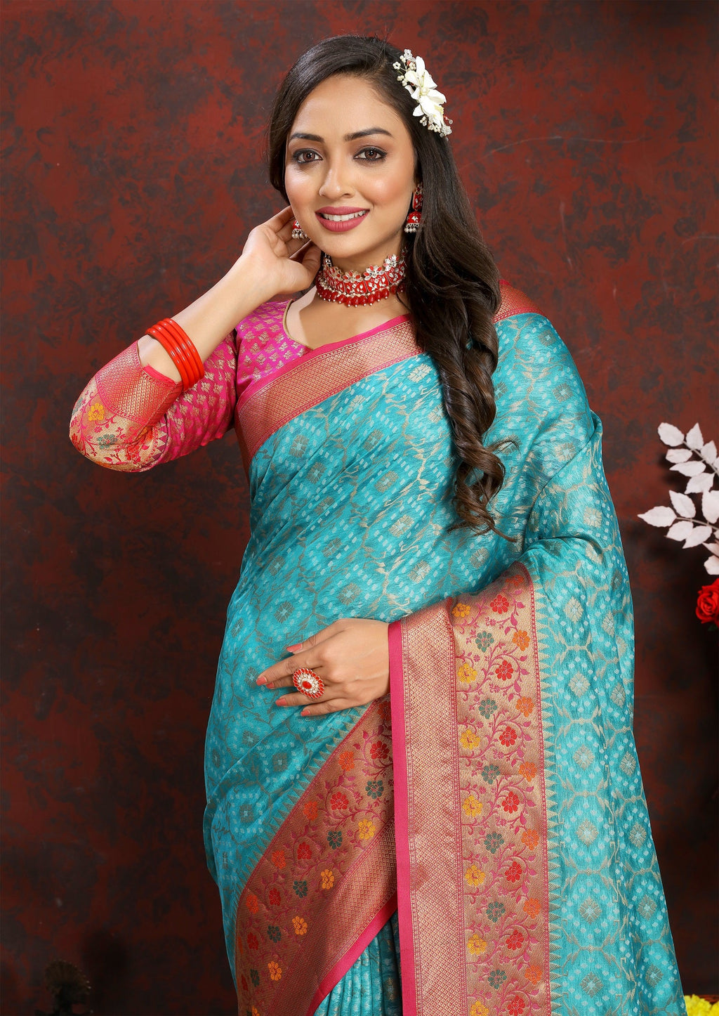 Vedant Vastram Rama Color Kanjeevaram Organza Silk Saree - Rama | Grocsy