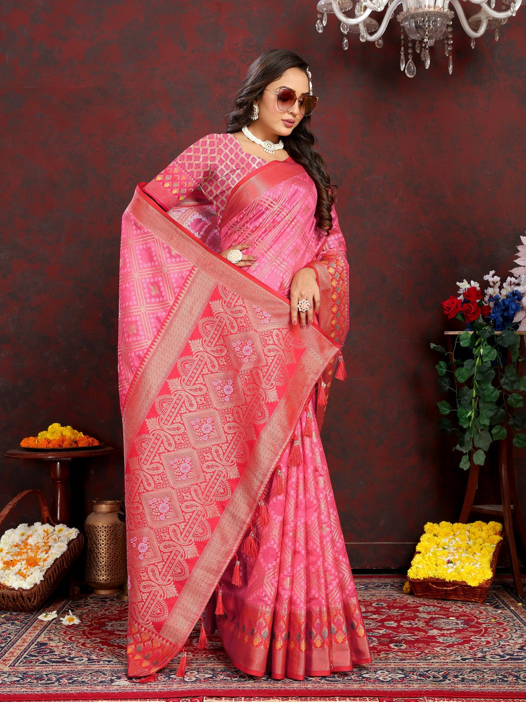 Vedant Vastram Baby Pink Color Kanjeevaram Organza Silk Saree - Baby Pink | Grocsy