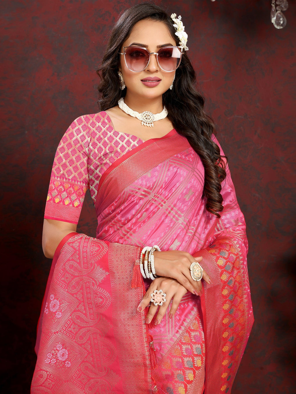 Vedant Vastram Baby Pink Color Kanjeevaram Organza Silk Saree - Baby Pink | Grocsy
