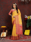 Vedant Vastram Mustard Color Kanjeevaram Organza Silk Saree - Mustard | Grocsy