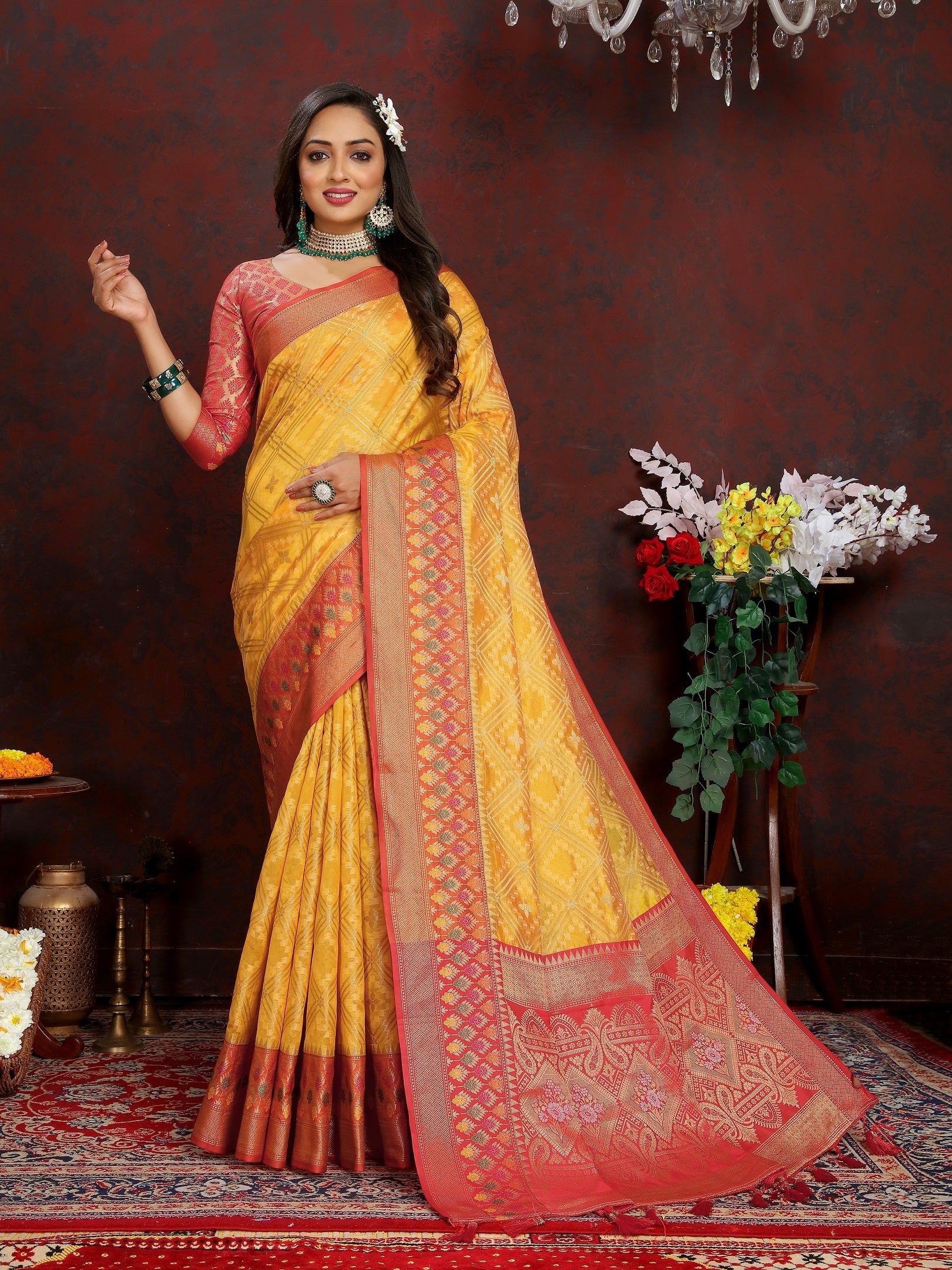 Vedant Vastram Mustard Color Kanjeevaram Organza Silk Saree - Mustard | Grocsy