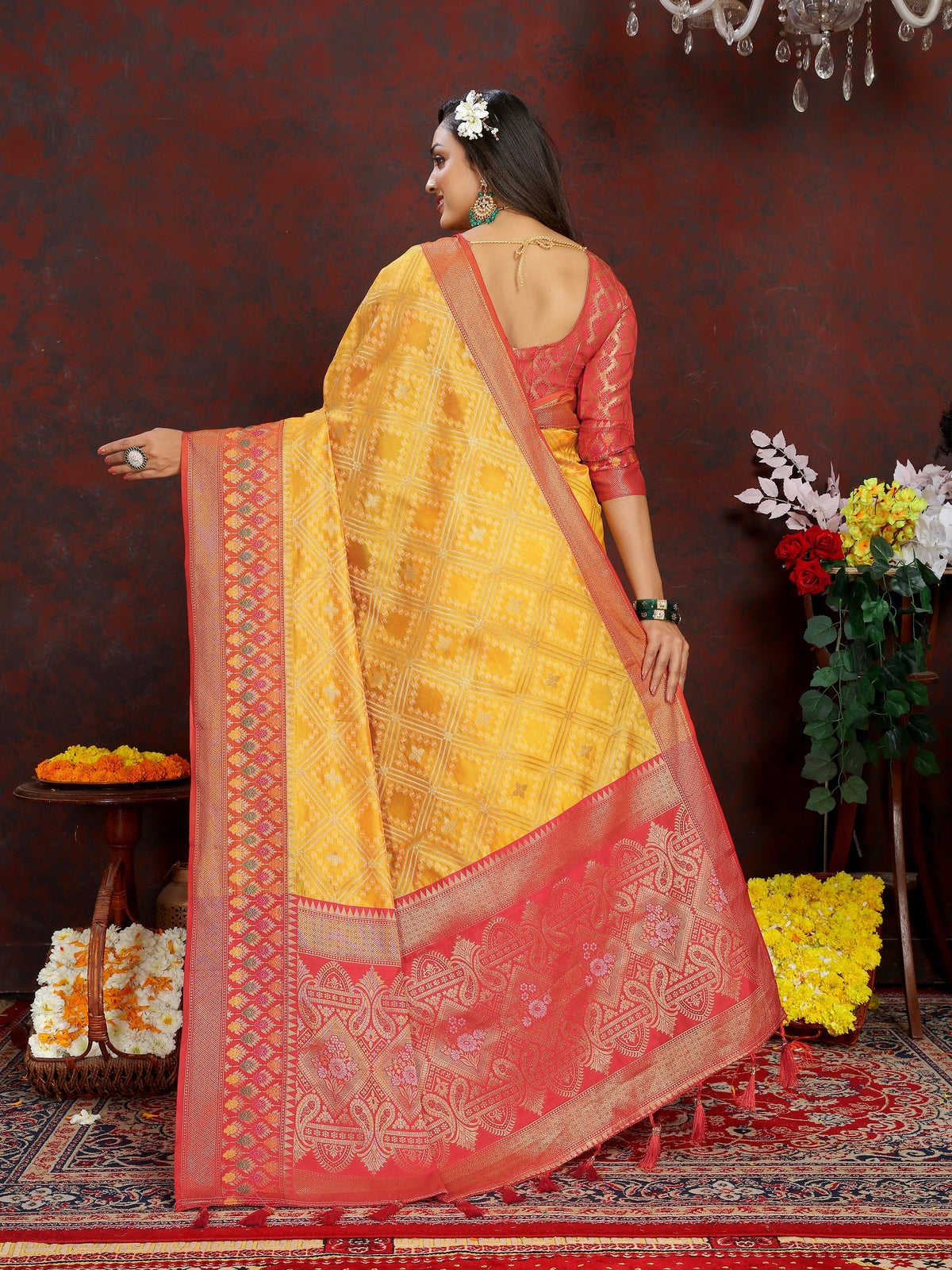 Vedant Vastram Mustard Color Kanjeevaram Organza Silk Saree - Mustard | Grocsy
