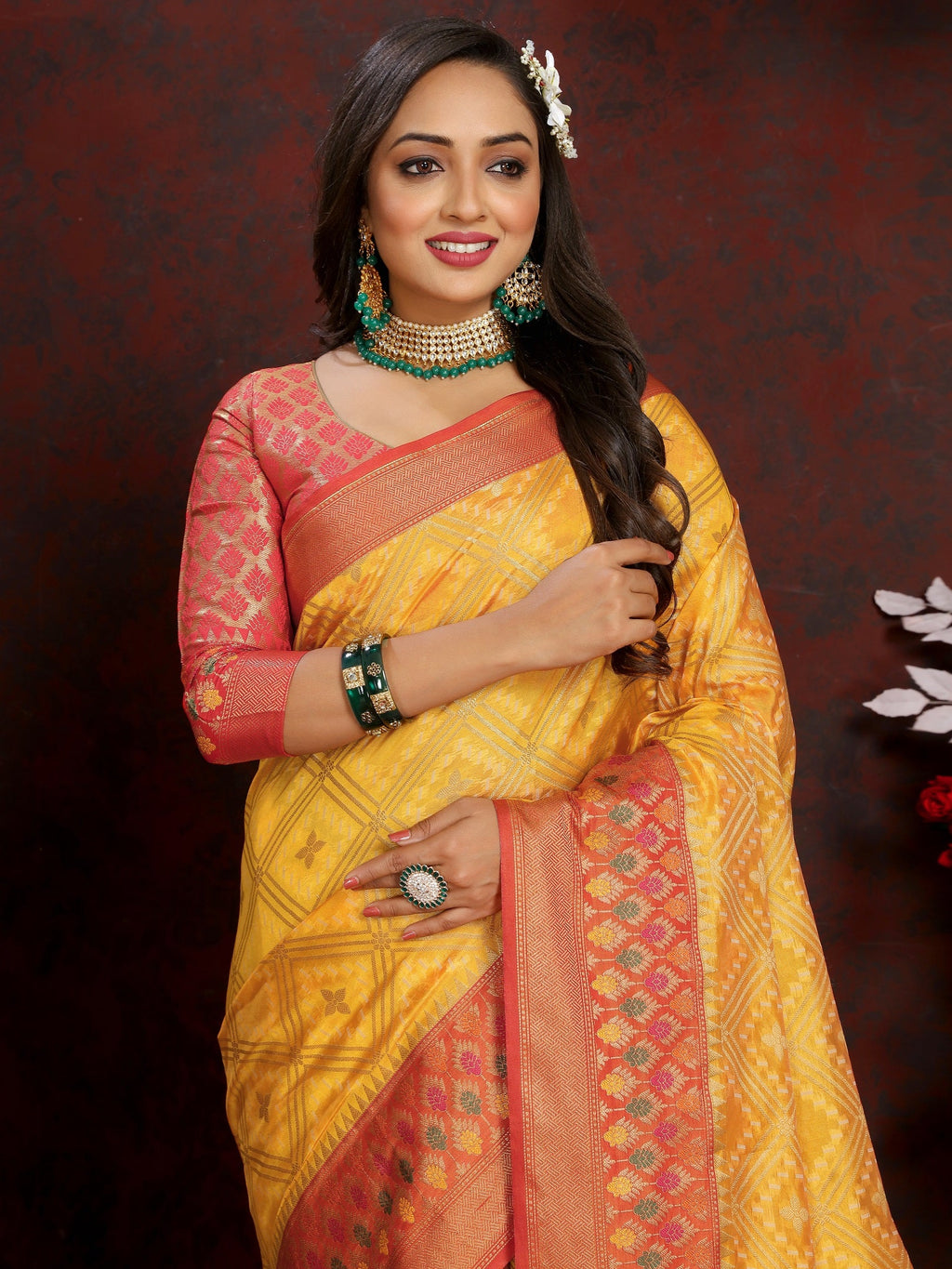 Vedant Vastram Mustard Color Kanjeevaram Organza Silk Saree - Mustard | Grocsy