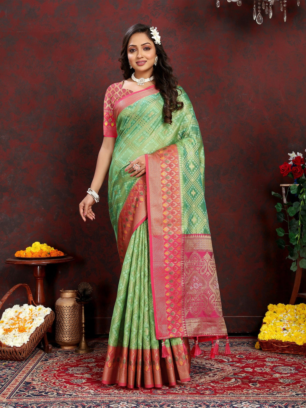 Vedant Vastram Parrot Color Kanjeevaram Organza Silk Saree - Parrot | Grocsy