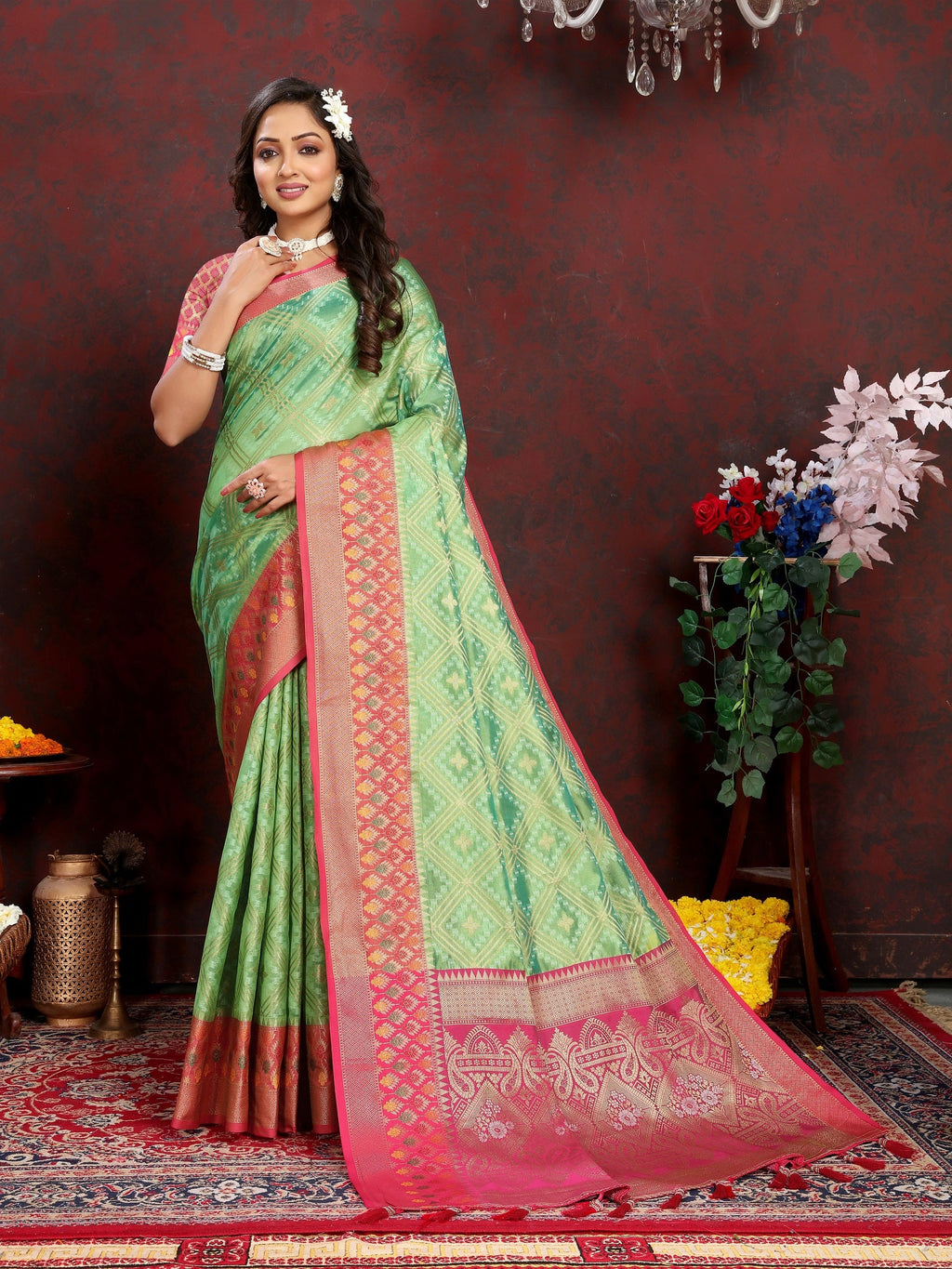 Vedant Vastram Parrot Color Kanjeevaram Organza Silk Saree - Parrot | Grocsy
