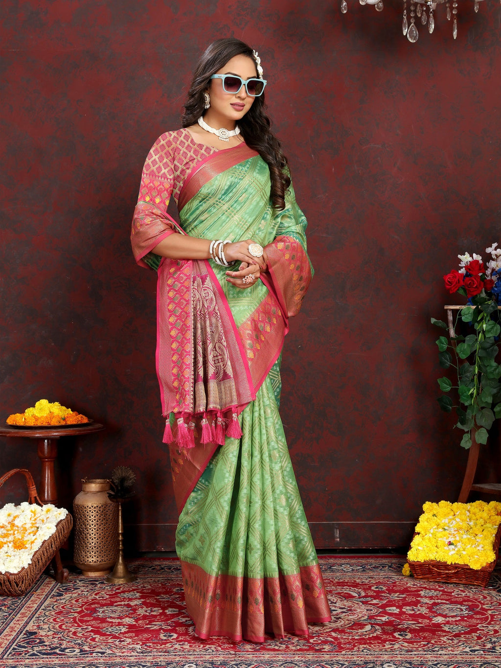 Vedant Vastram Parrot Color Kanjeevaram Organza Silk Saree - Parrot | Grocsy