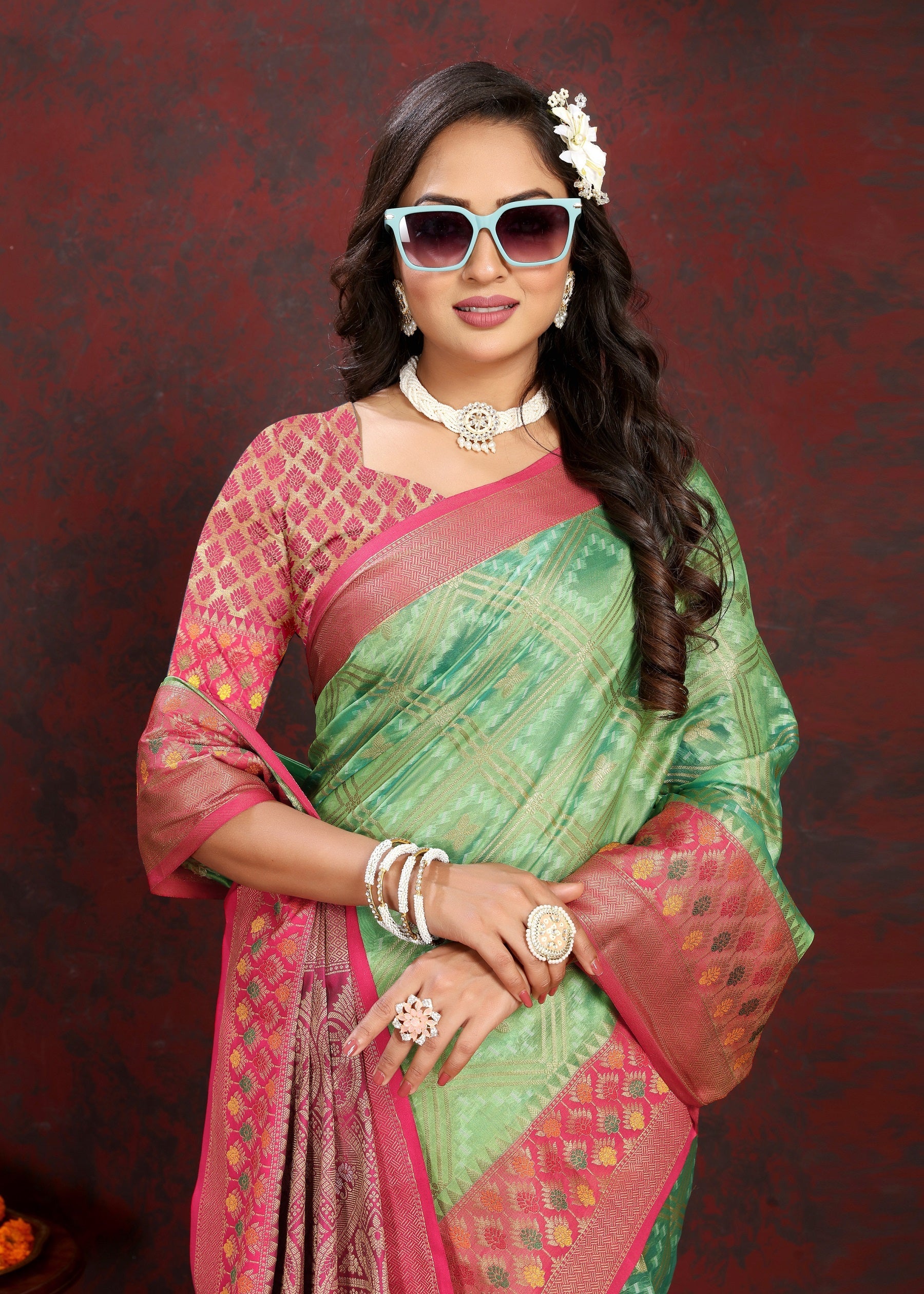 Vedant Vastram Parrot Color Kanjeevaram Organza Silk Saree - Parrot | Grocsy