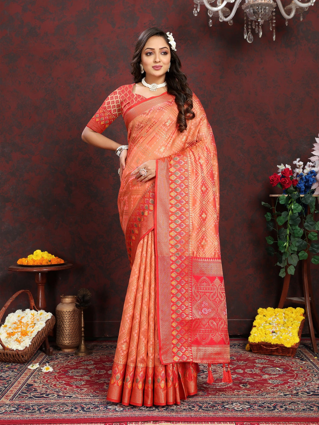 Vedant Vastram Peach Color Kanjeevaram Organza Silk Saree - Peach | Grocsy