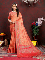 Vedant Vastram Peach Color Kanjeevaram Organza Silk Saree - Peach | Grocsy