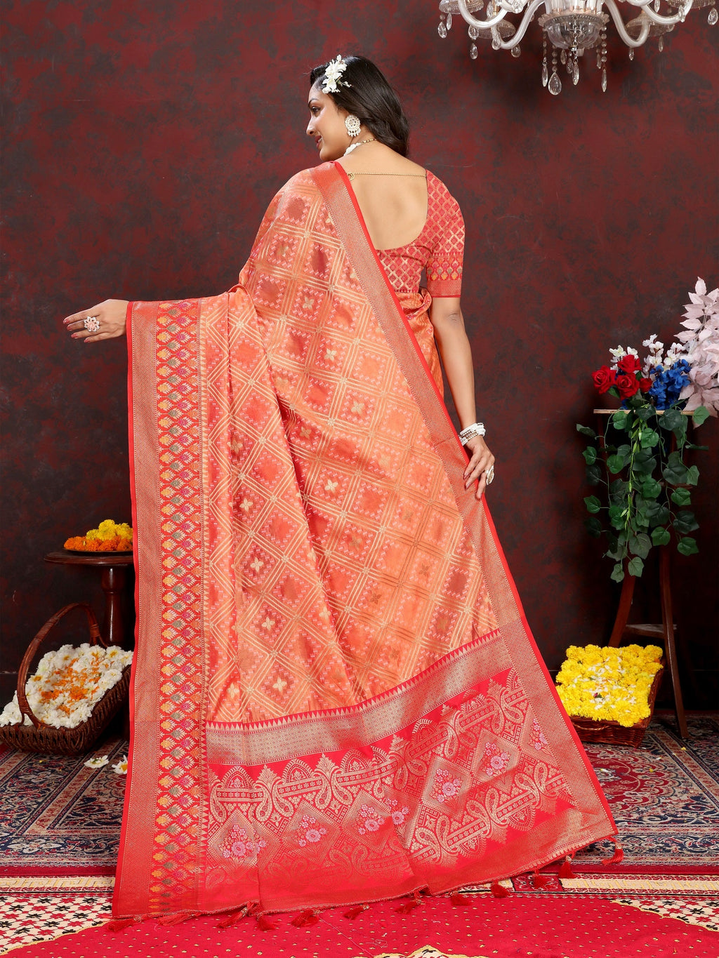 Vedant Vastram Peach Color Kanjeevaram Organza Silk Saree - Peach | Grocsy