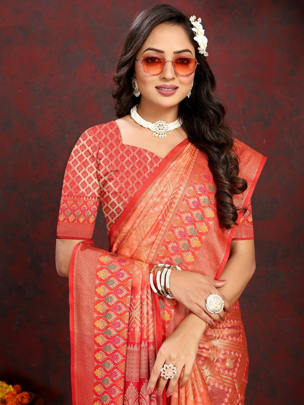 Vedant Vastram Peach Color Kanjeevaram Organza Silk Saree - Peach | Grocsy