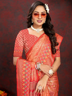 Vedant Vastram Peach Color Kanjeevaram Organza Silk Saree - Peach | Grocsy