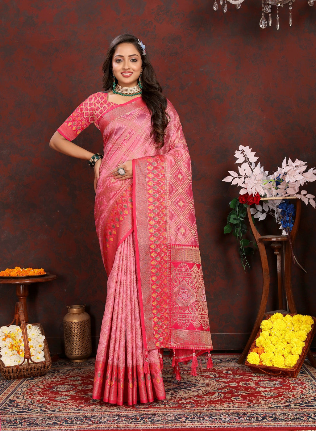 Vedant Vastram Pink Color Kanjeevaram Organza Silk Saree - Pink | Grocsy