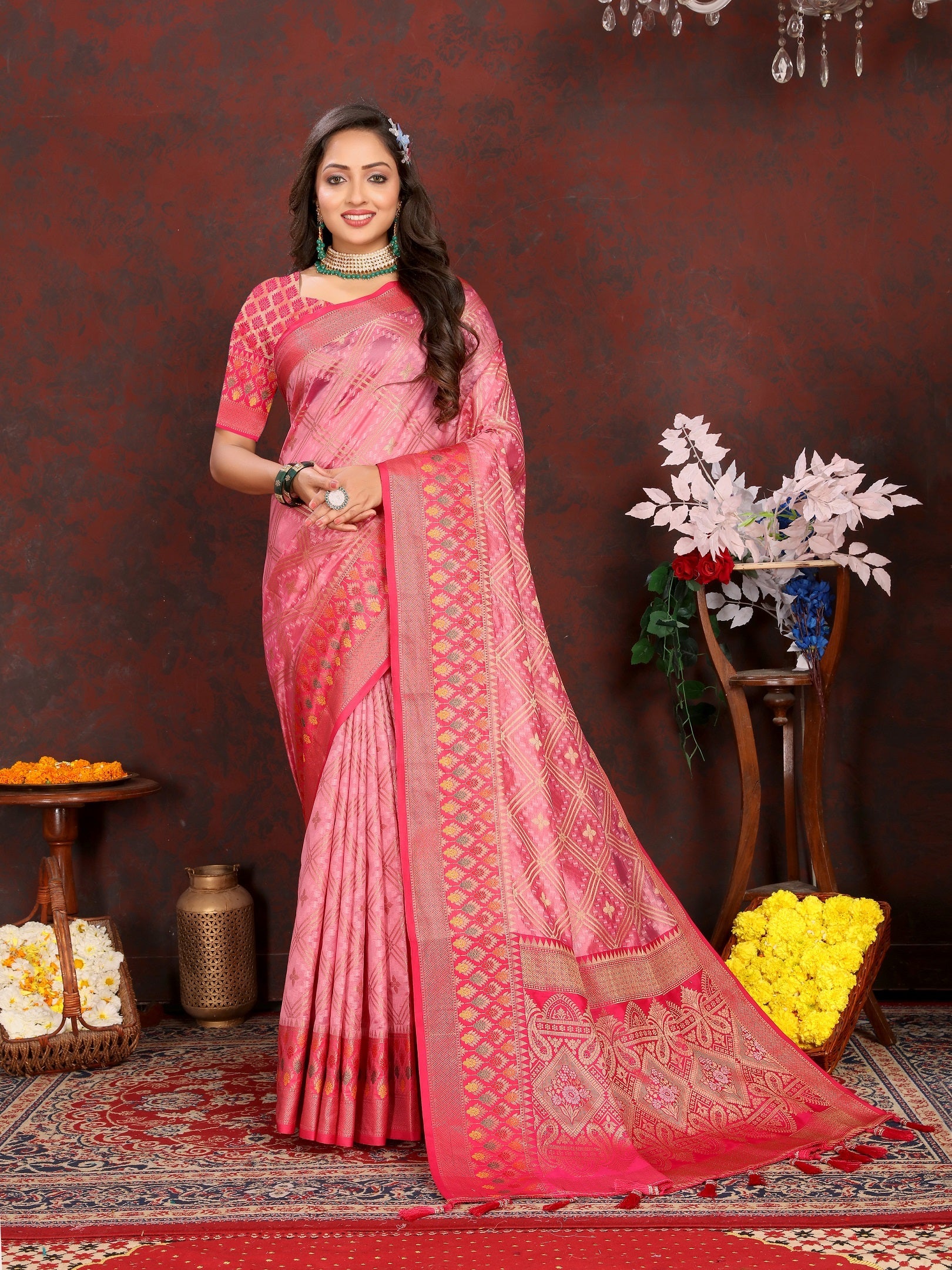 Vedant Vastram Pink Color Kanjeevaram Organza Silk Saree - Pink | Grocsy