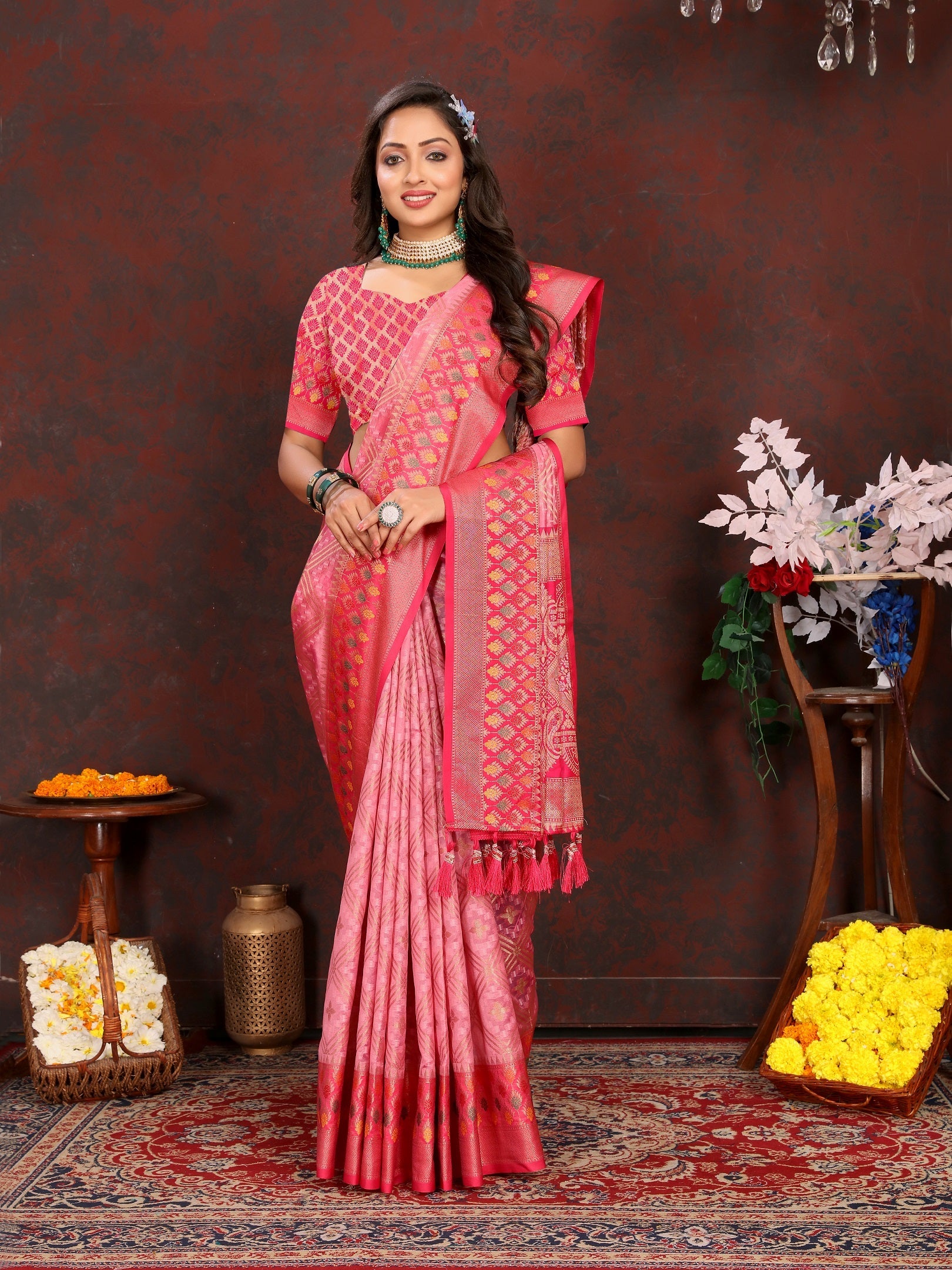 Vedant Vastram Pink Color Kanjeevaram Organza Silk Saree - Pink | Grocsy