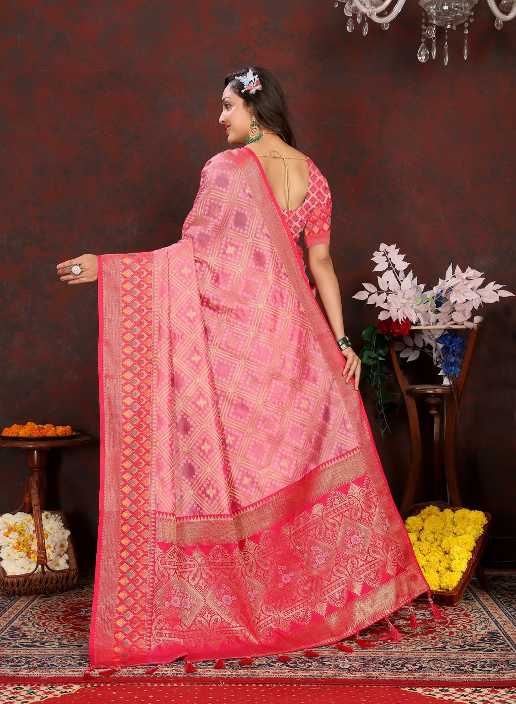 Vedant Vastram Pink Color Kanjeevaram Organza Silk Saree - Pink | Grocsy