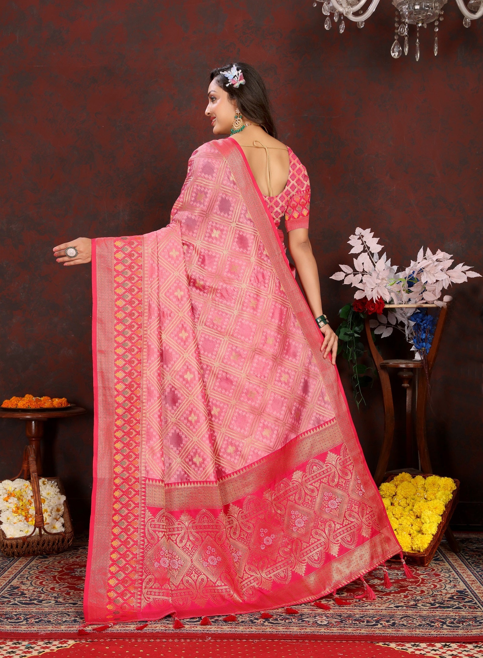 Vedant Vastram Pink Color Kanjeevaram Organza Silk Saree - Pink | Grocsy