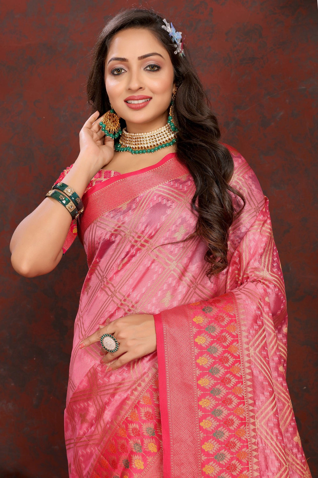 Vedant Vastram Pink Color Kanjeevaram Organza Silk Saree - Pink | Grocsy