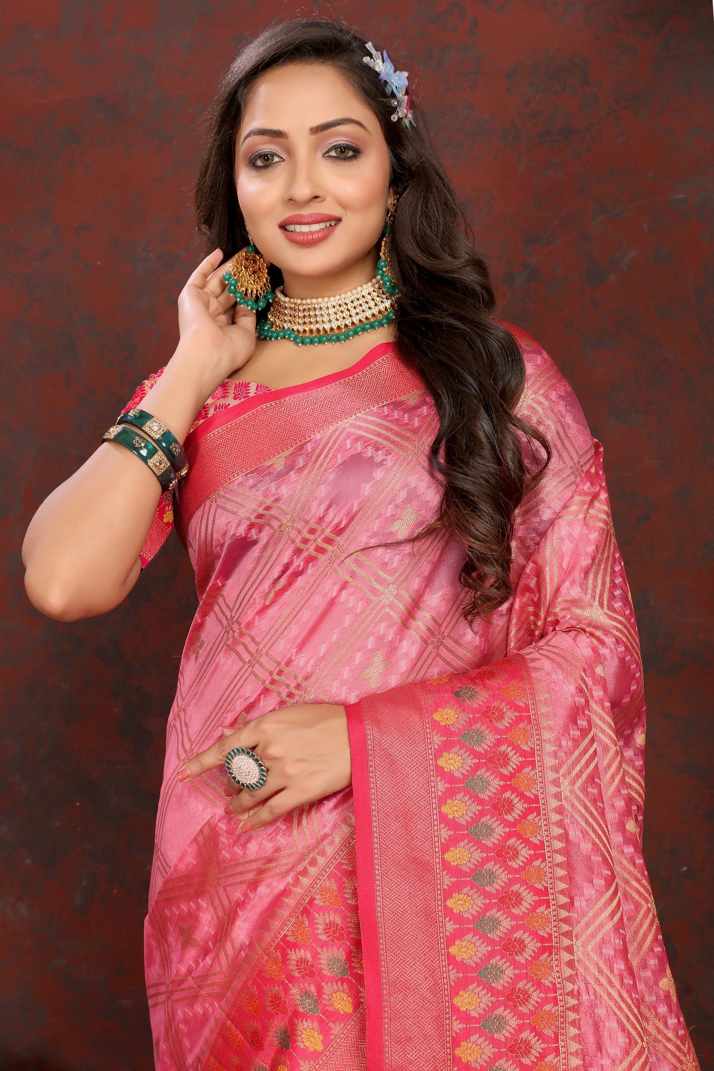 Vedant Vastram Pink Color Kanjeevaram Organza Silk Saree - Pink | Grocsy