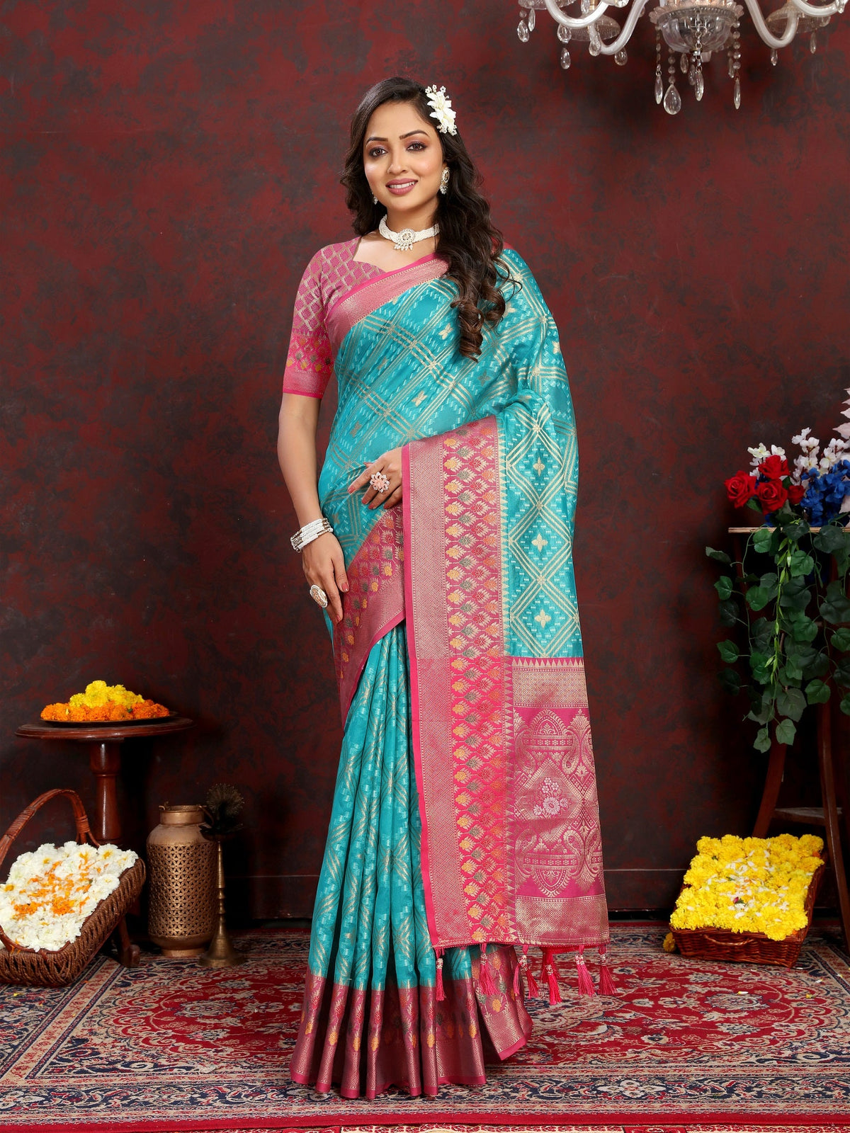 Vedant Vastram Rama Color Kanjeevaram Organza Silk Saree - Rama | Grocsy