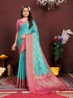 Vedant Vastram Rama Color Kanjeevaram Organza Silk Saree - Rama | Grocsy