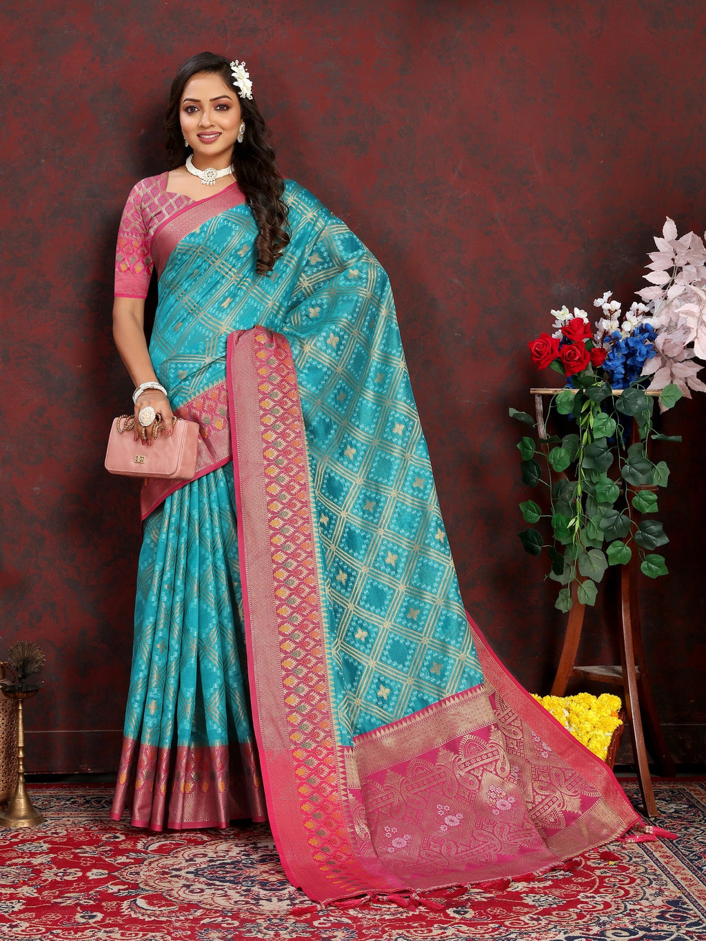 Vedant Vastram Rama Color Kanjeevaram Organza Silk Saree - Rama | Grocsy