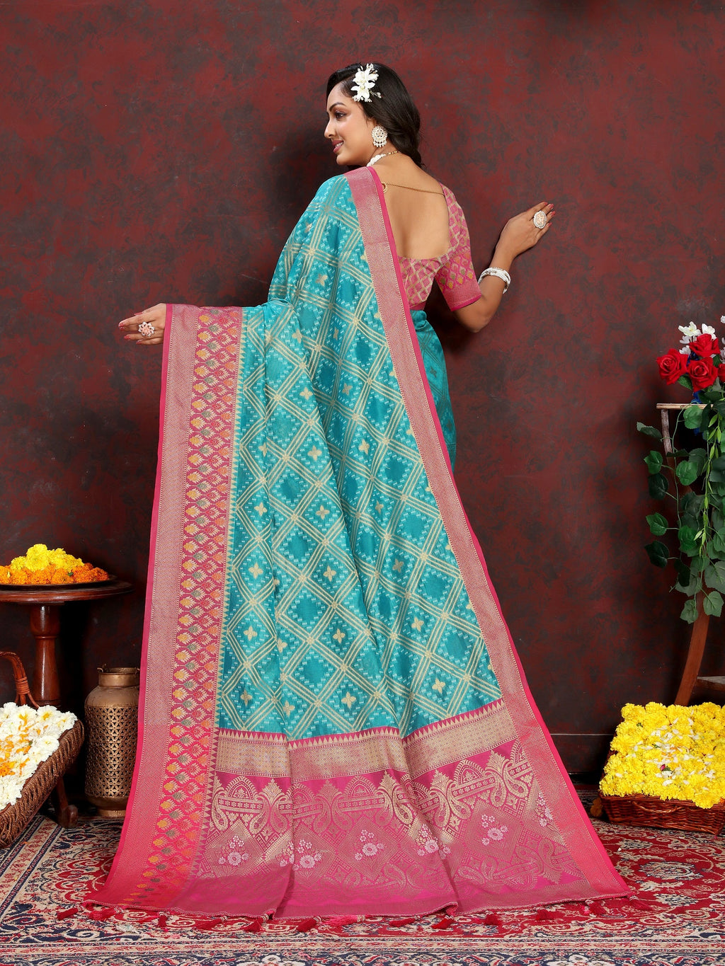 Vedant Vastram Rama Color Kanjeevaram Organza Silk Saree - Rama | Grocsy