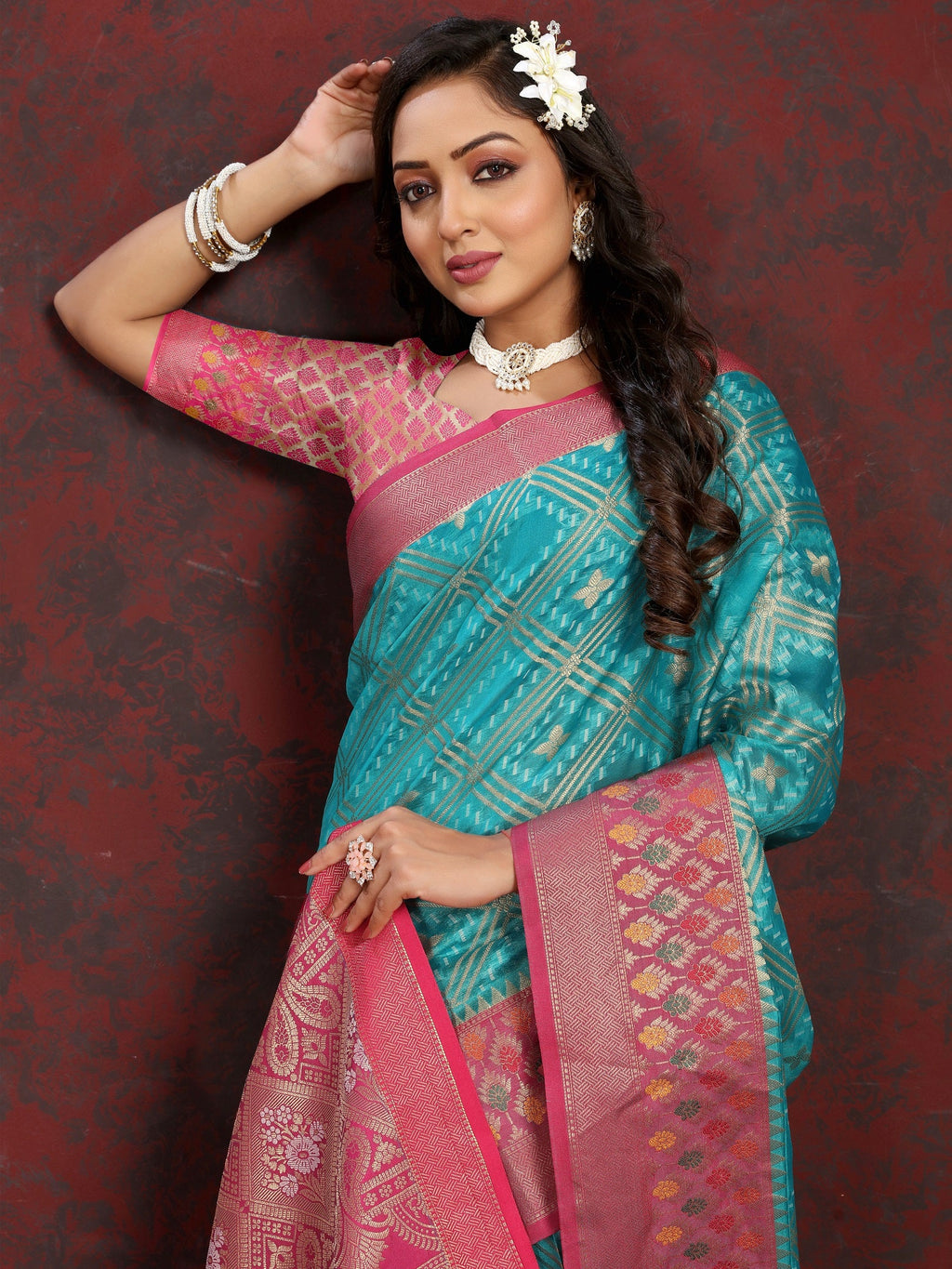 Vedant Vastram Rama Color Kanjeevaram Organza Silk Saree - Rama | Grocsy