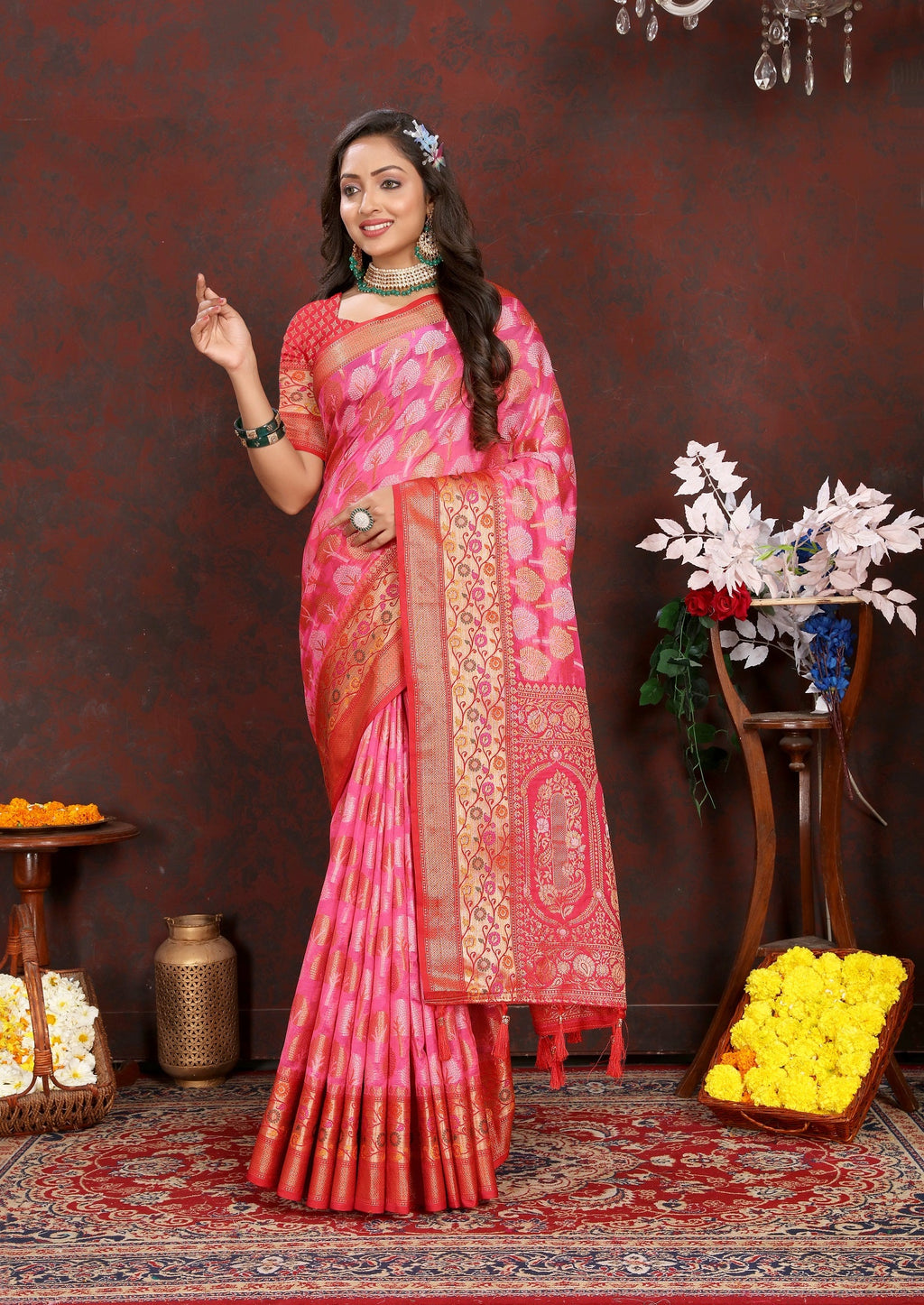 Vedant Vastram Baby Pink Color Kanjeevaram Organza Silk Saree - Baby Pink | Grocsy