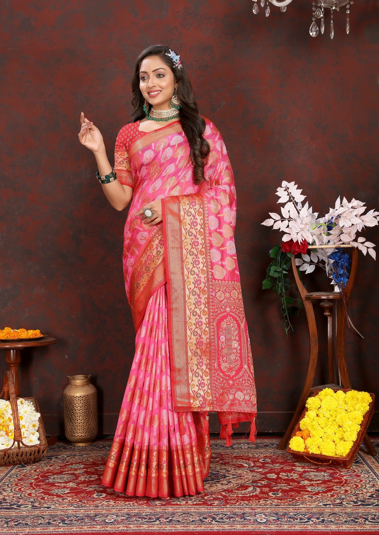 Vedant Vastram Baby Pink Color Kanjeevaram Organza Silk Saree - Baby Pink | Grocsy