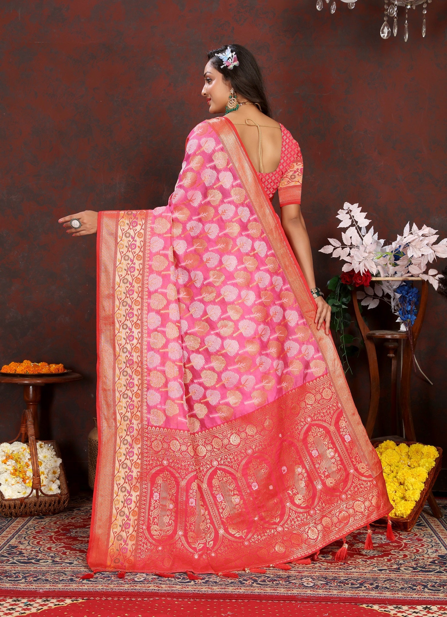 Vedant Vastram Baby Pink Color Kanjeevaram Organza Silk Saree - Baby Pink | Grocsy